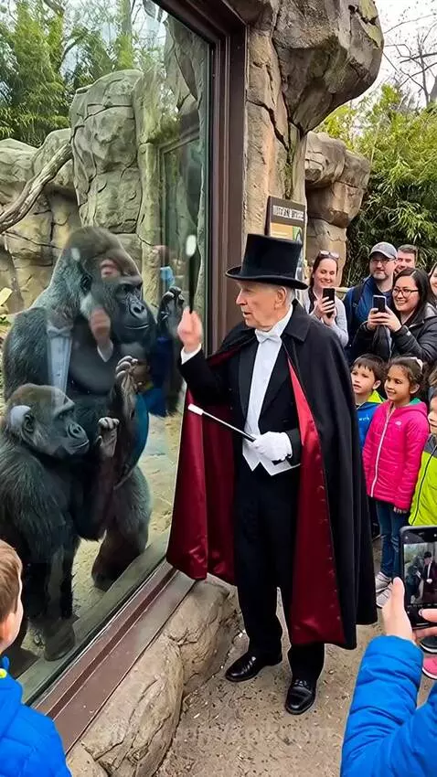 Magician in top hat and cape performs a magic trick for two gorillas behind glass at a zoo.