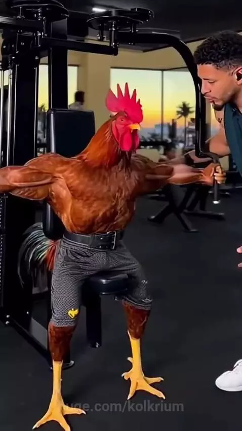 Digitally altered muscular rooster performing chest fly exercise in a gym.