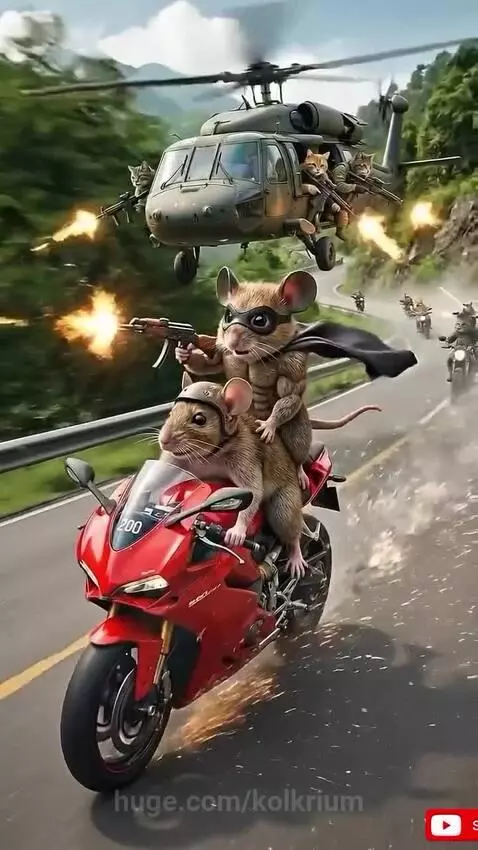 Anthropomorphic mouse in a cape and mask rides a motorcycle, firing a rifle at pursuing cats and a helicopter.