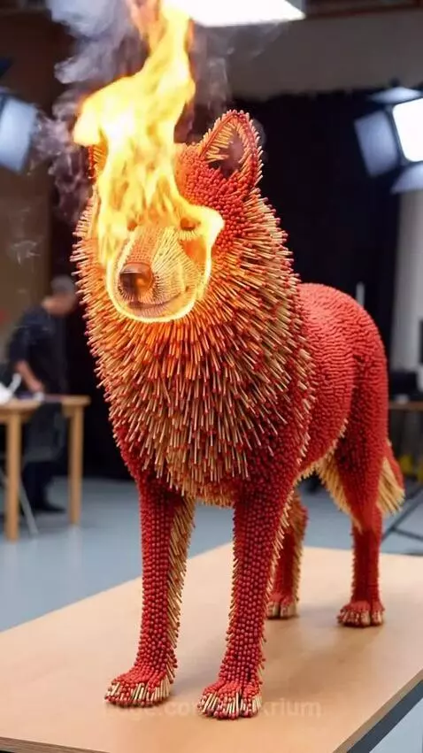 A wolf sculpture made of matches is set on fire, showing flames spreading across its body.