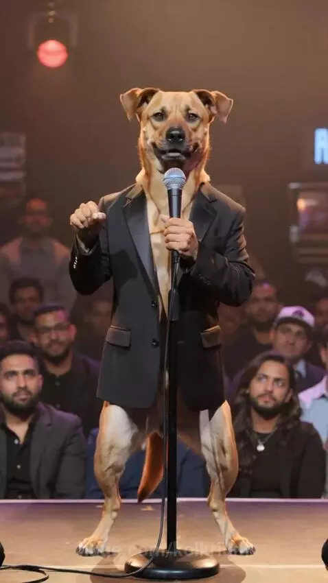 Anthropomorphic dog in a suit jacket performing stand-up comedy on stage with a microphone.