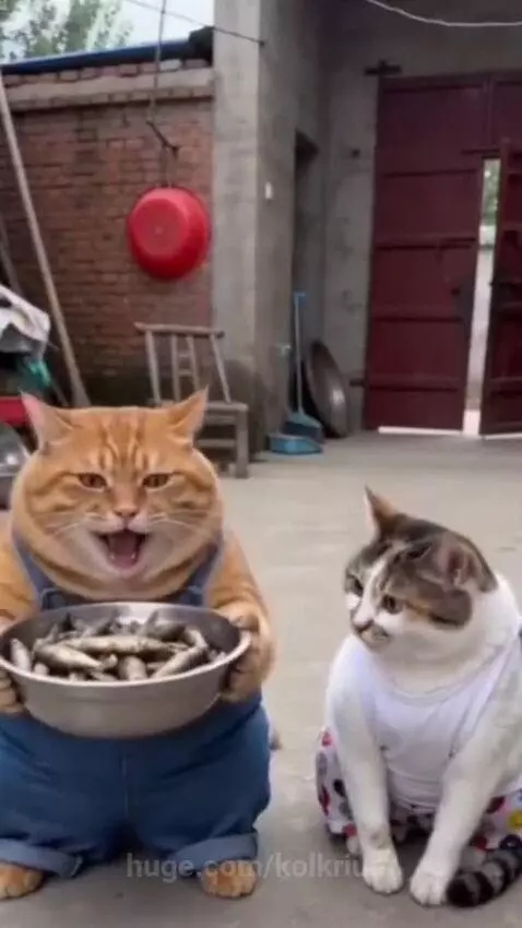 Two cats in human-like clothing, one praying with paws, the other surprised with a bowl on its head.