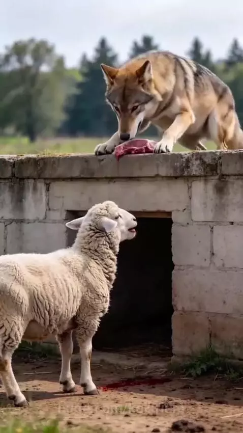 Wolf resting on a stone wall, looking at a sheep holding meat, with a lamb nearby.
