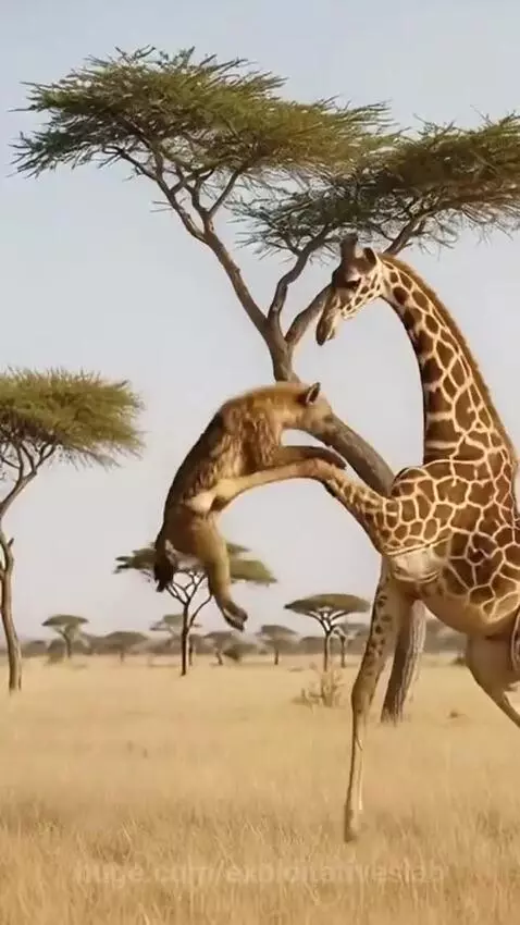 A hyena lunges at a giraffe's leg, and the giraffe kicks the hyena away.