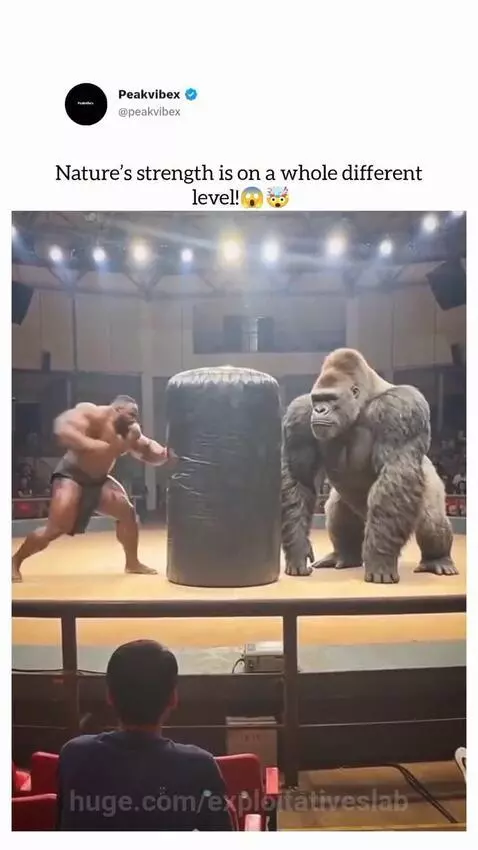 Muscular man and CGI gorilla facing each other on stage, with a cylindrical object between them before it bursts with sand.
