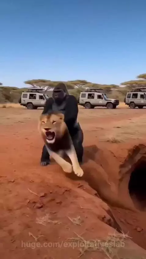 CGI gorilla pulling a lion by its tail out of a hole in a savanna, with safari vehicles in the background.