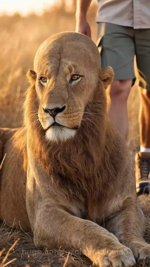 A person in safari attire gently petting and kissing a calm lion lying in a golden-lit savanna.