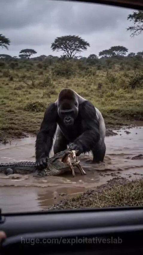 Gorilla wading into water to rescue a baby goat from a crocodile's mouth.