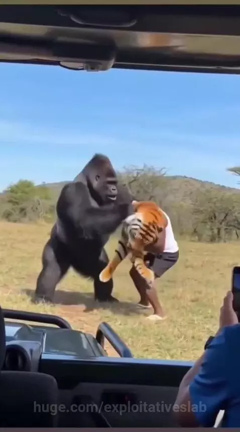 Person in gorilla costume confronts person in tiger costume during a staged safari prank.