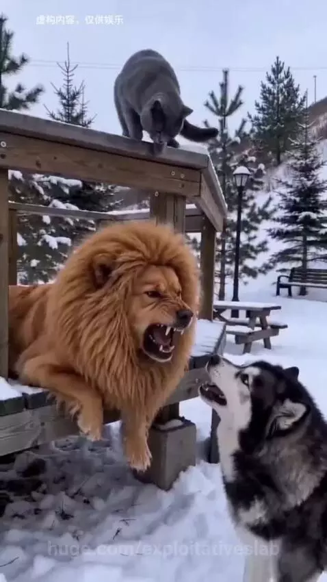 Cat pulling lion mane off a golden retriever as a husky looks on in surprise during a snowy prank.