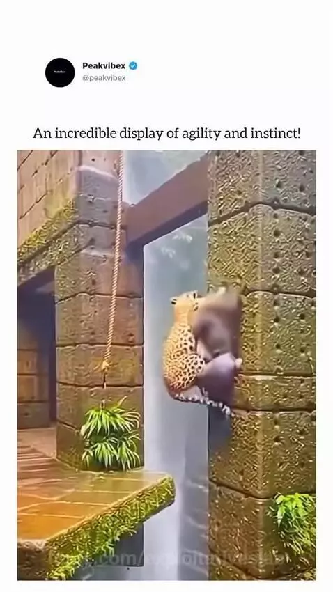 Monkey swinging on a rope to escape a leopard in an enclosure with ruins and a waterfall.