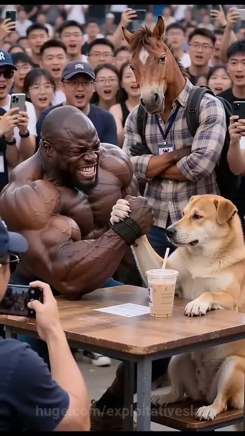 Muscular man arm wrestling a dog, with a person in a horse mask behind them and a cheering crowd.