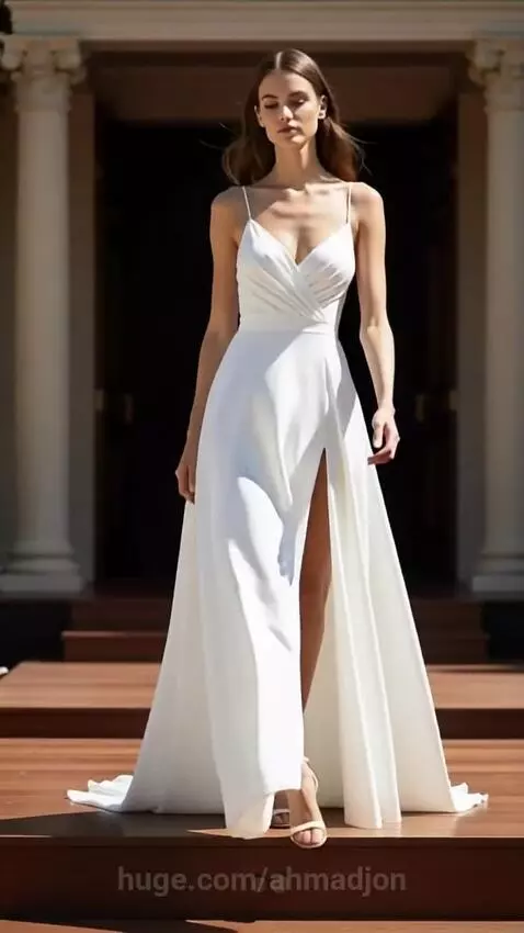Model with long brown hair walks down an outdoor wooden runway in a white gown and sandals.