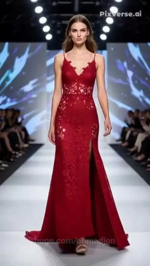 Model with long brown hair walks a runway in a long red lace gown with a high slit.