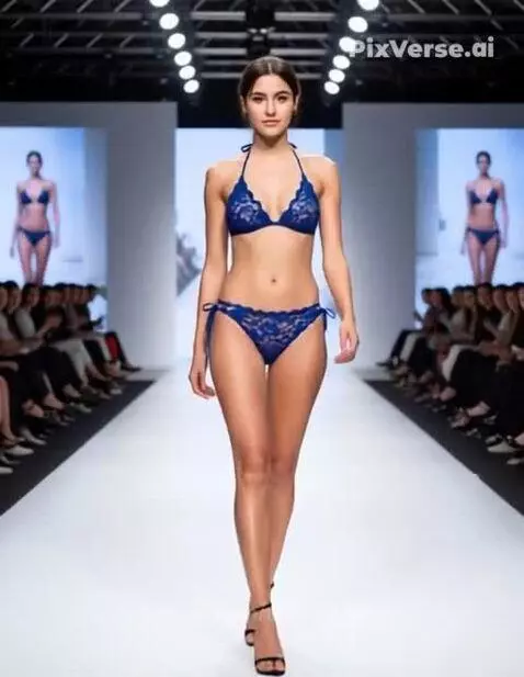 Female model with dark hair in a ponytail walks a fashion runway wearing a blue lace bikini.