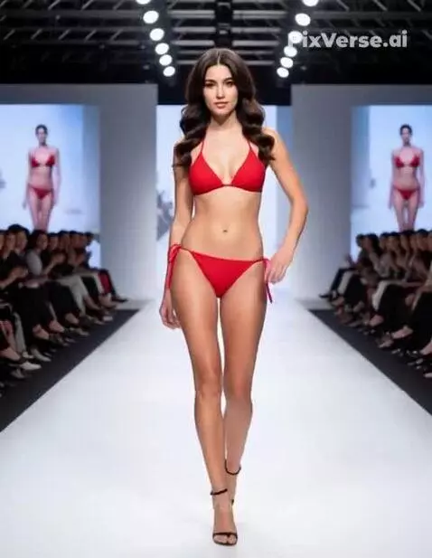Female model with long dark hair walks a runway in a red two-piece bikini.