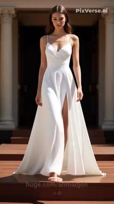Woman with long brown hair in a flowing white dress walking down wooden steps in front of a building with white columns.