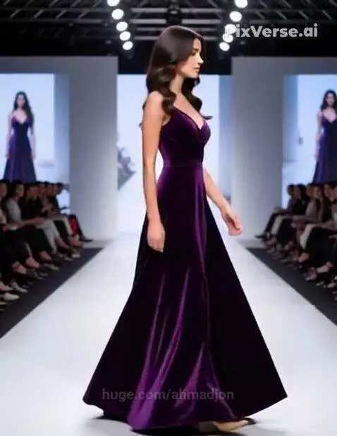 Model with long dark wavy hair wearing a long, dark purple velvet V-neck gown with thin straps on a fashion runway.