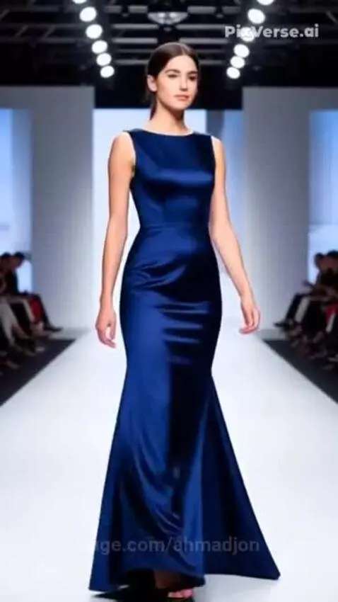 Model in a royal blue satin mermaid gown with a low-cut back walking on a fashion runway.