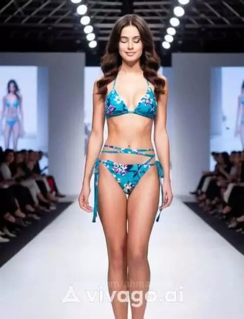 Fashion model with dark wavy hair on a runway wearing a teal floral bikini.