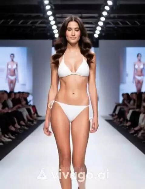Fashion model with dark wavy hair confidently walks a brightly lit catwalk in a white bikini.