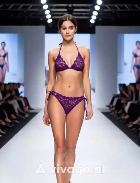 Model with dark hair in a purple lace lingerie set walking on a fashion runway with audience and screens in background.