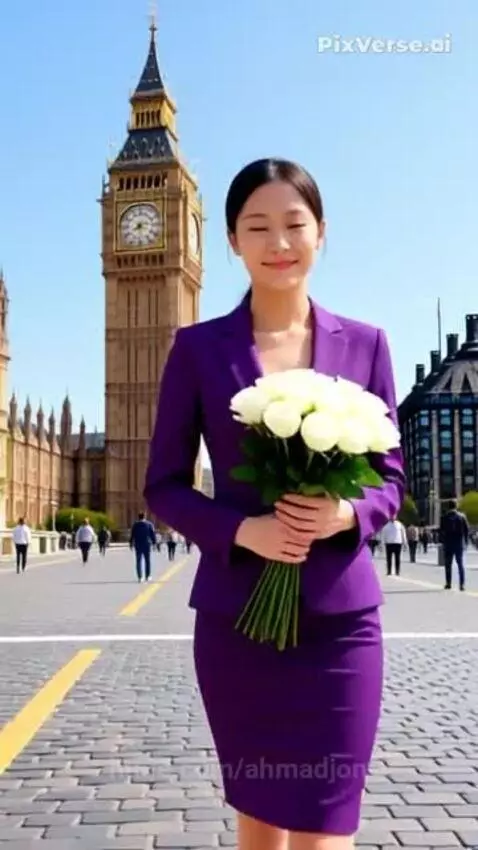 Young East Asian woman in a purple suit holding white roses smiles in front of Big Ben in London.