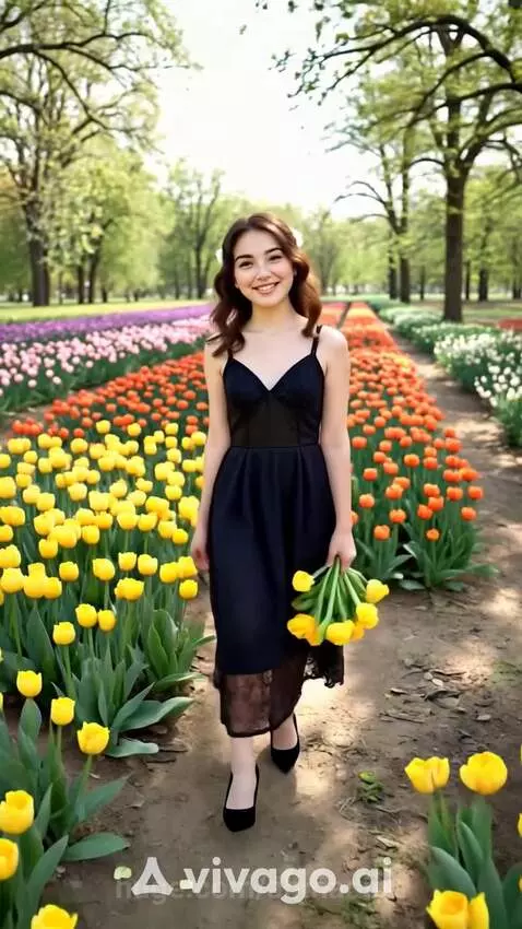 Woman with long brown hair in a black dress holding yellow tulips in a colorful field.
