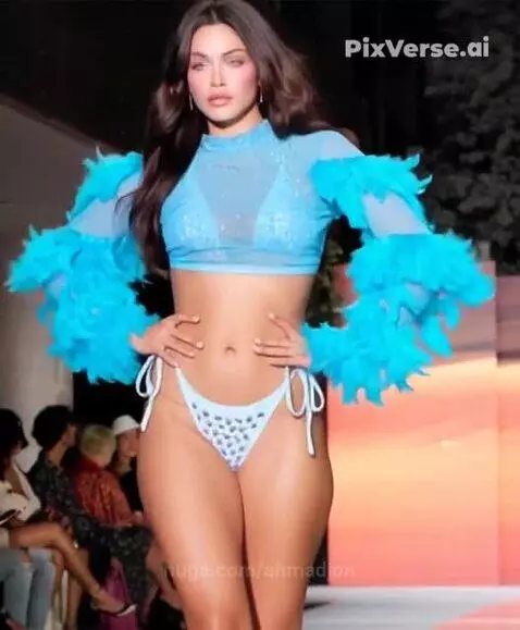 Model with long dark hair in a blue embellished swimsuit walks a fashion show catwalk with audience in the background.