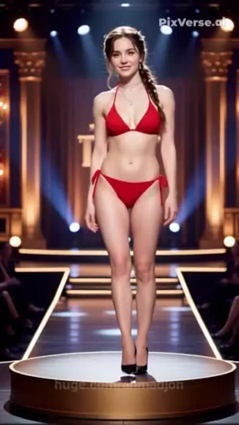 Model with light brown hair in a braid walks down a fashion runway wearing a red bikini and black heels.