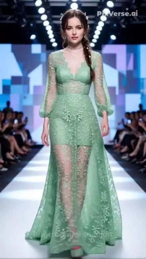 Female model with long brown braid walks runway in sheer light green floral embroidered gown with balloon sleeves and open back.