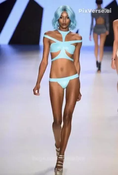 Dark-skinned model with blue wavy bob hair walks a runway in a cut-out blue outfit and platform heels.