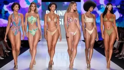 Models walk a brightly lit runway showcasing colorful and patterned swimwear designs, including a gold bikini.