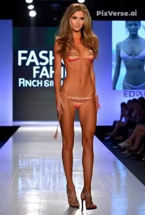 Female model with long brown hair walks a runway in a colorful bikini and high heels during a fashion show.