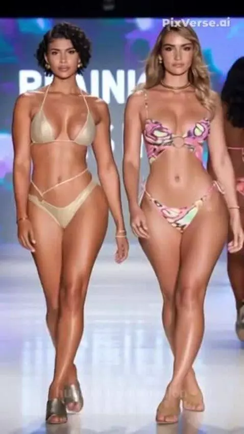 Two models walk down a brightly lit fashion show catwalk, one in a metallic gold bikini, the other in a colorful abstract bikini.