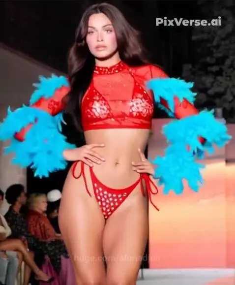 Female model with long dark hair walks a catwalk in a red two-piece outfit with large blue feather sleeves.