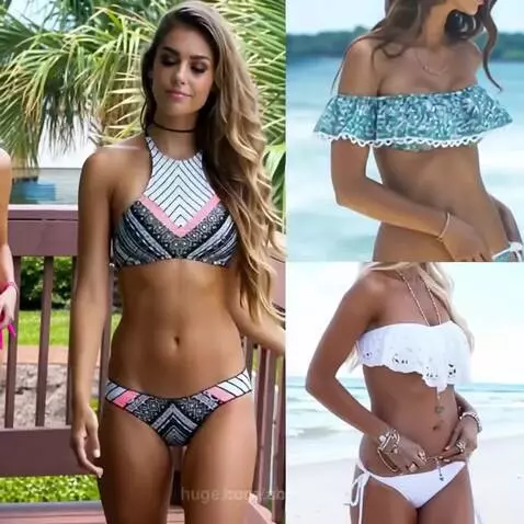 Split screen showing models in various bikinis on a beach and wooden deck.