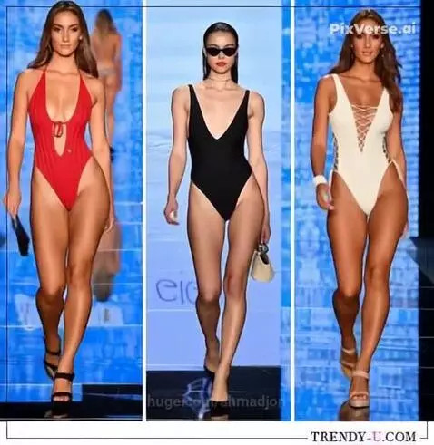 Models in stylish one-piece swimsuits walking down a blue-lit runway.