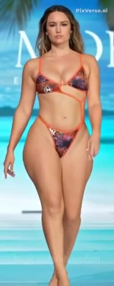 Model with light brown hair walks a runway wearing a colorful abstract swimsuit with orange trim.