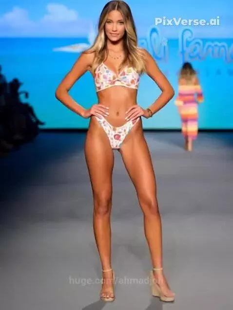 Female model with blonde hair wearing a white bikini with colorful abstract patterns on a fashion runway.