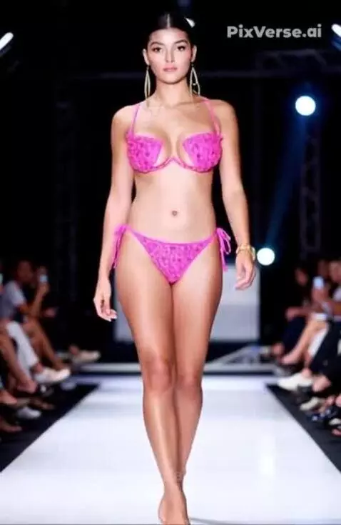 Female model on a runway wearing a textured pink bikini with a cut-out top and tie-side bottoms.