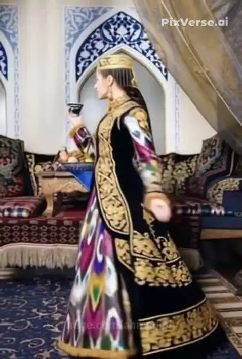 Woman in ornate, gold-embroidered Uzbek traditional dress with colorful patterns, posing in a decorated room.