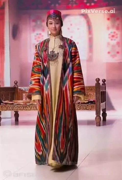 Woman modeling a vibrant, multi-colored Uzbek traditional bridal chapan, headpiece, and necklace.
