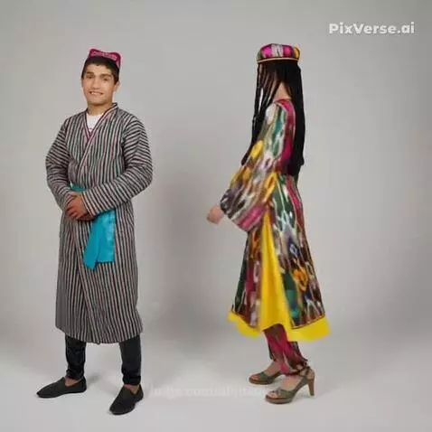 Uzbek bride and groom smiling in traditional national wedding clothing.