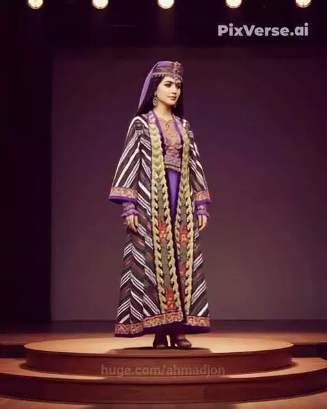 Woman modeling traditional Uzbek national clothing, featuring a patterned coat and headpiece.