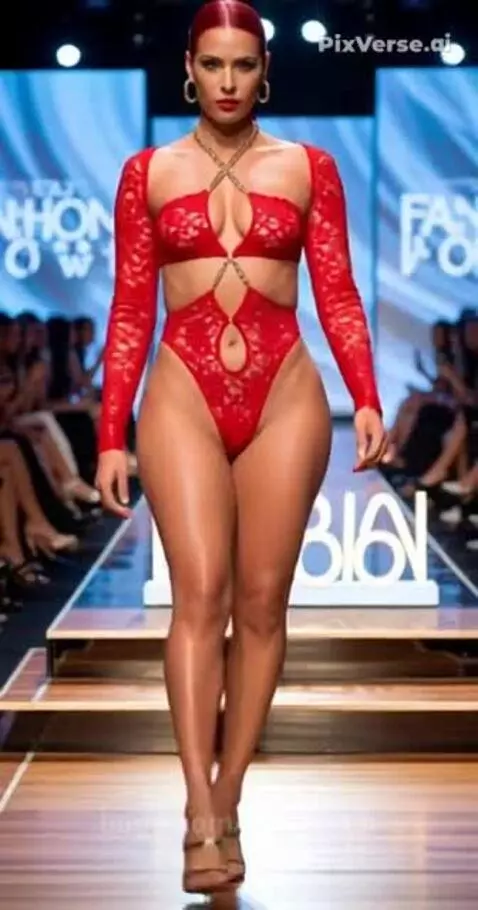 Red-haired model in a revealing red lace swimsuit walks down a fashion runway.
