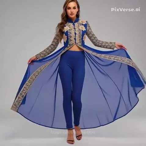 Female model in a royal blue tunic with gold embroidery and matching leggings, wearing black sandals.