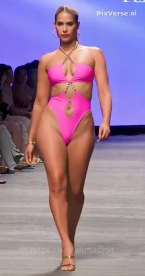 Female model walks down a runway wearing a strapless hot pink swimsuit with side cutouts and an open back.