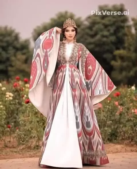 Woman in a traditional Uzbek dress with wide sleeves and ornate headpiece, posing in a rose garden.