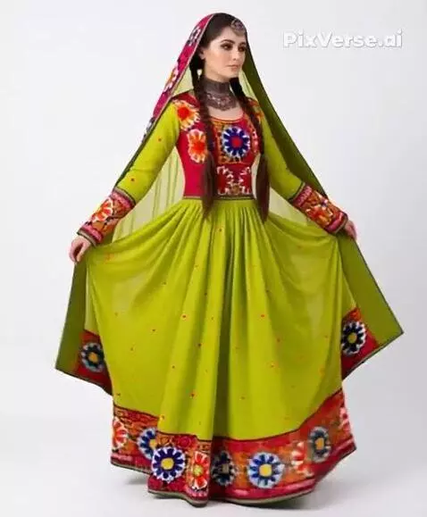 Woman in a lime green and red traditional Uzbek dress with colorful floral embroidery, showcasing the design.